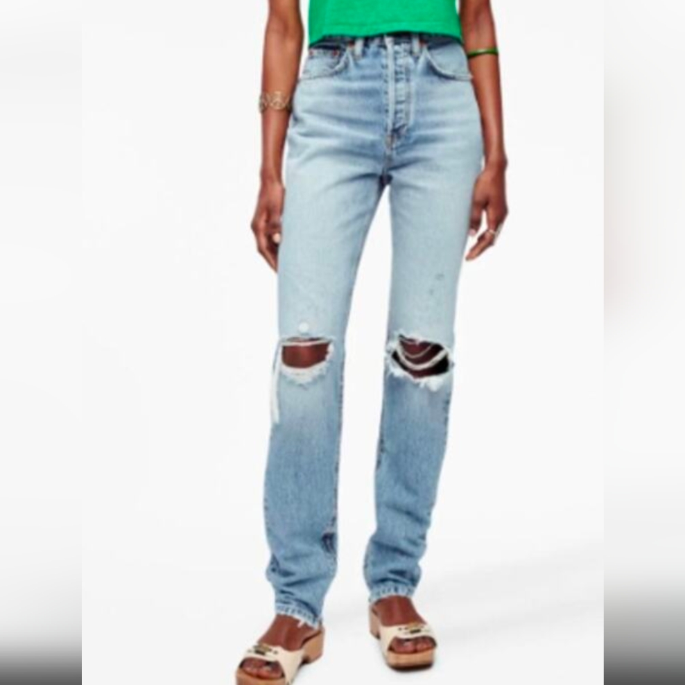 Re/Done High Rise Ripped Straight Leg Jeans Size 32